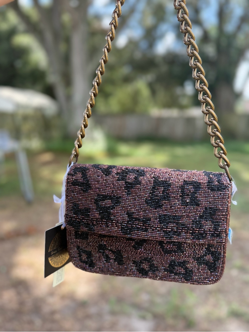 India Boutique Pink Beaded Leopard Crossbody with Gold Chain